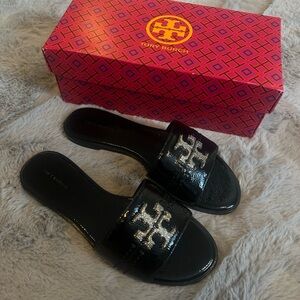 Tory Burch Black Crystal Everly Slides NWT